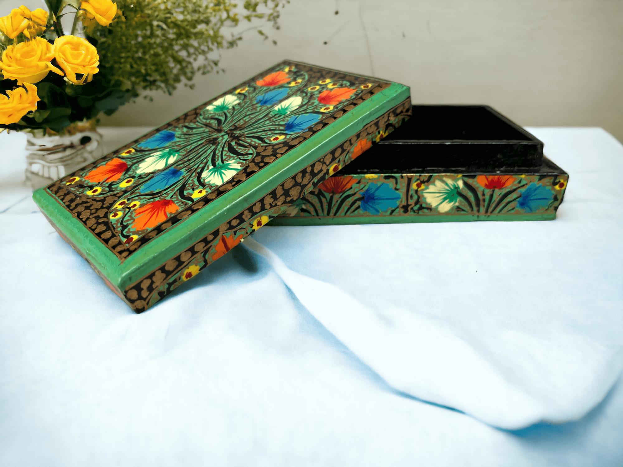 Handmade Kashmiri Paper Mache Box - Floral Motif Gift Decorative Jars